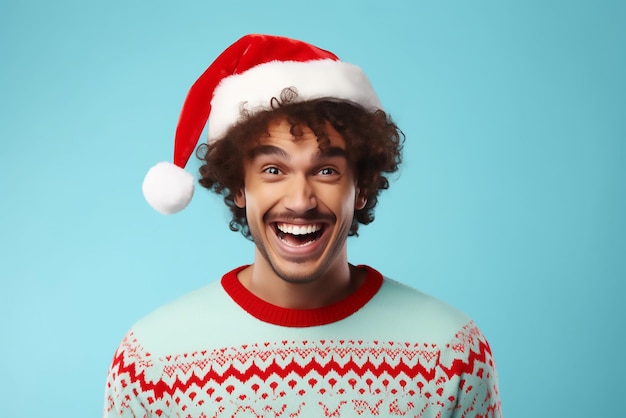 Happy young man in Christmas sweater and Santa hat on light blue background Space for text