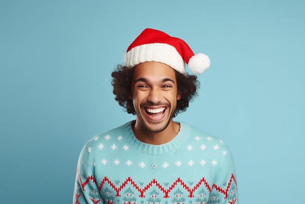 Happy young man in Christmas sweater and Santa hat on light blue background Space for text