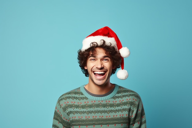 Happy young man in Christmas sweater and Santa hat on light blue background Space for text