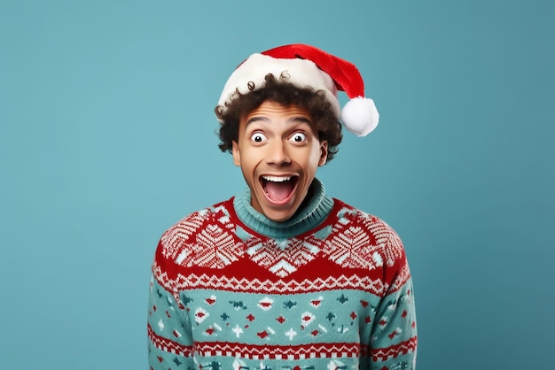 Happy young man in Christmas sweater and Santa hat on light blue background Space for text