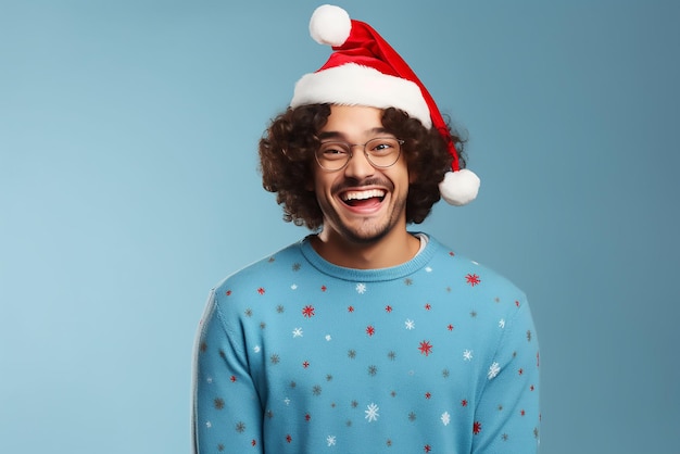 Happy young man in Christmas sweater and Santa hat on light blue background Space for text