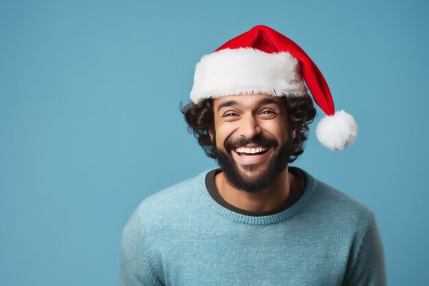 Happy young man in Christmas sweater and Santa hat on light blue background Space for text