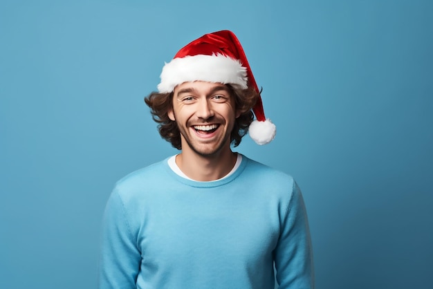 Happy young man in Christmas sweater and Santa hat on light blue background Space for text