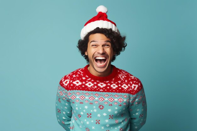 Happy young man in Christmas sweater and Santa hat on light blue background Space for text