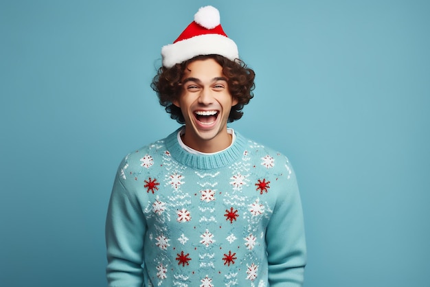 Happy young man in Christmas sweater and Santa hat on light blue background Space for text