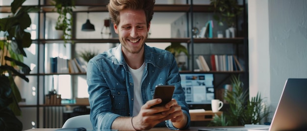 Happy young man enjoying a humorous message on his phone at home