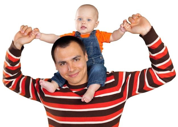 Happy young man holding a baby