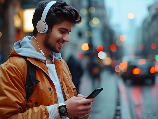 Photo a happy young man is standing on a city street wearing headphones holding a phone in his hand and l