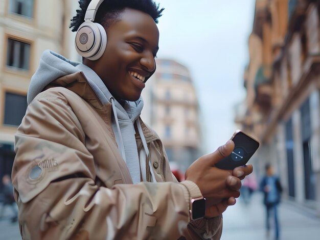 Photo a happy young man is standing on a city street wearing headphones holding a phone in his hand and l