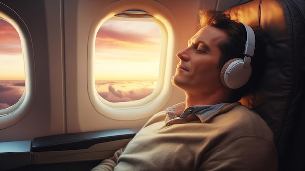 Happy young man passenger listening to music with headphones on an airplane during the flight