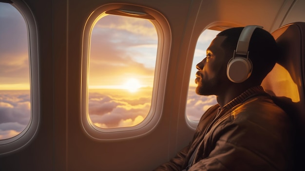 Happy young man passenger listening to music with headphones on an airplane during the flight