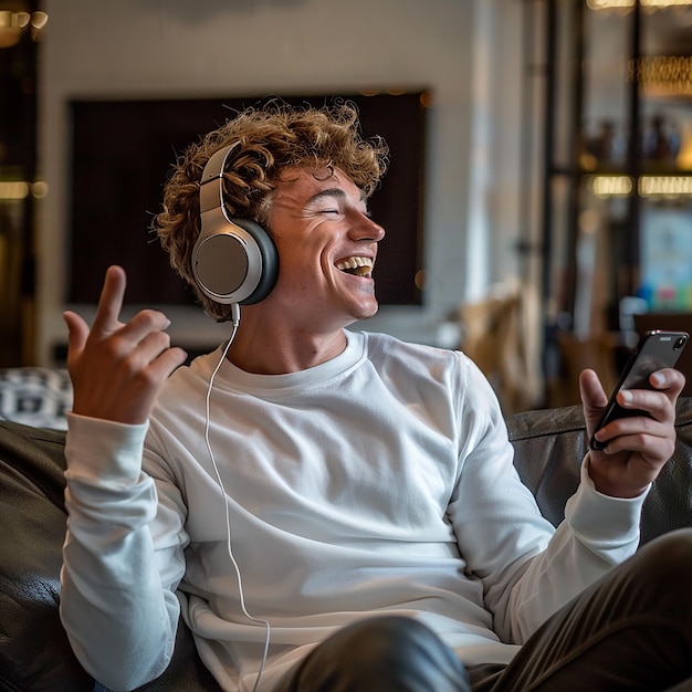 Happy young man sitting at home on sofa