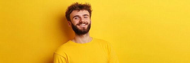 Photo happy young man smiling on yellow background a young man with a beard is smiling happily at t