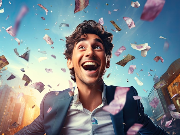 happy young man wearing party hat with sprinkled confetti in the middle of a festive party