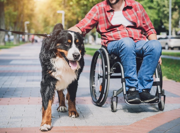 Happy young man with a physical disability who uses wheelchair with his dog