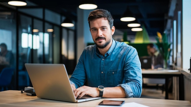 Happy Young Man Working At Laptop