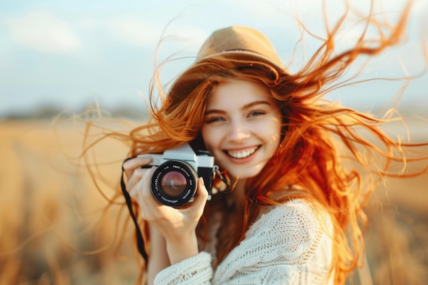 Happy young model poses with camera outdoors