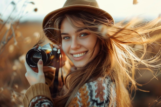 Happy young model poses with camera outdoors