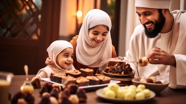 A happy Young Muslim family is having dinner at home at a festive table in a modern house Iftar celebration the Holy month of Ramadan Karim Culture Religion Islam Holiday concepts