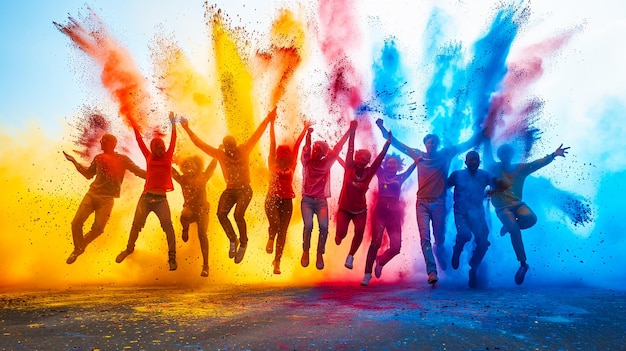 Happy young people dancing and celebrating during Music and Colors festival Panoramic view