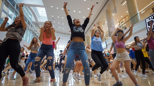 Happy young people dancing in a shopping mall