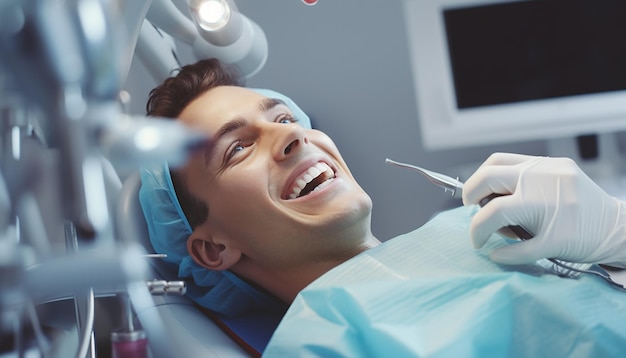 Happy young person lying with opened mouth male dentist in gloves using restoration instruments