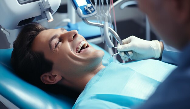 Happy young person lying with opened mouth male dentist in gloves using restoration instruments