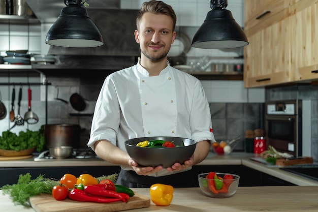 Photo happy young professional chef standing by table and holding two ceramic bowls happy young profession