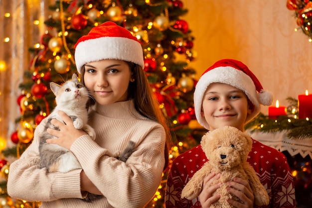 Happy young siblings in festive clothes with cat and teddy bear in their hands