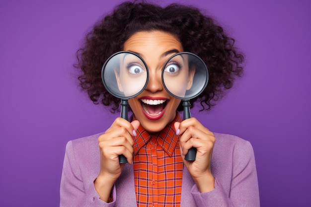 Happy young smiling woman looking through magnifier Fun portrait research Generate Ai