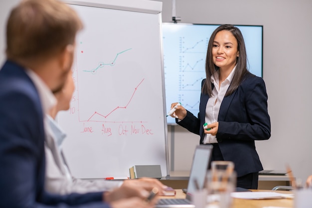 Happy young speaker standing by whiteboard with graph