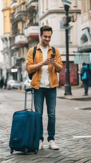 Photo happy young tourist man holding smartphone with baggage going to travel on holidays