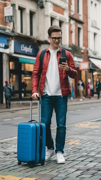 Photo happy young tourist man holding smartphone with baggage going to travel on holidays