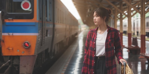 Happy Young traveler woman looking for friend planning trip at train station Summer and travel lifestyle concept