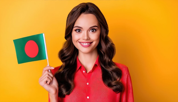 Happy young white girl holding Bangladesh flag isolated on a blue background