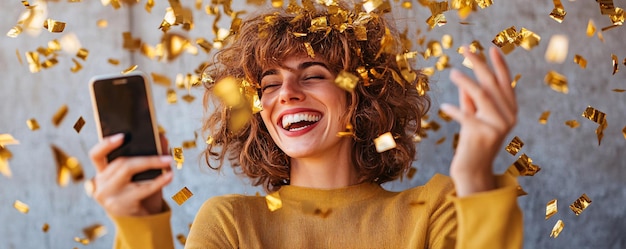 Photo happy young woman celebrating taking a selfie under falling confetti