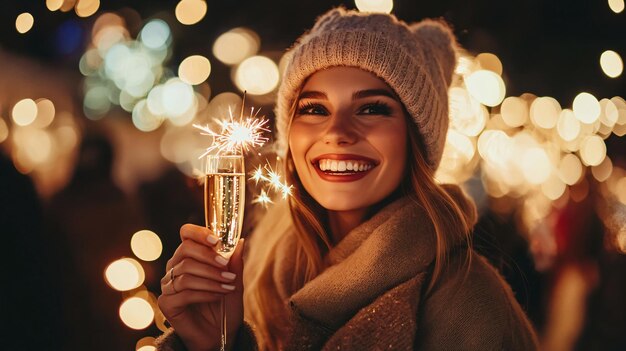 Photo happy young woman celebrating with sparkler and champagne glass