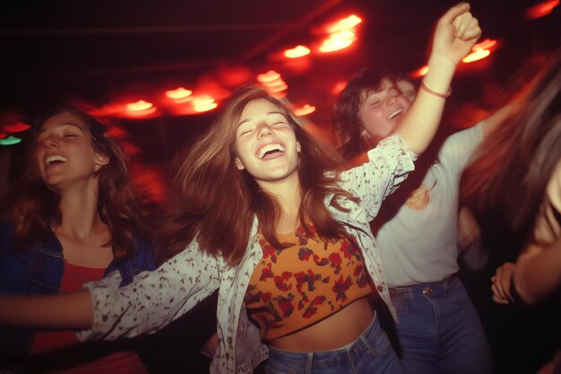 Happy young woman dancing on the background of the crowd in a nightclub