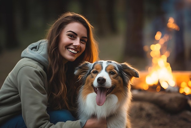 Happy young woman embracing three colour dog in park of forest in front of fire