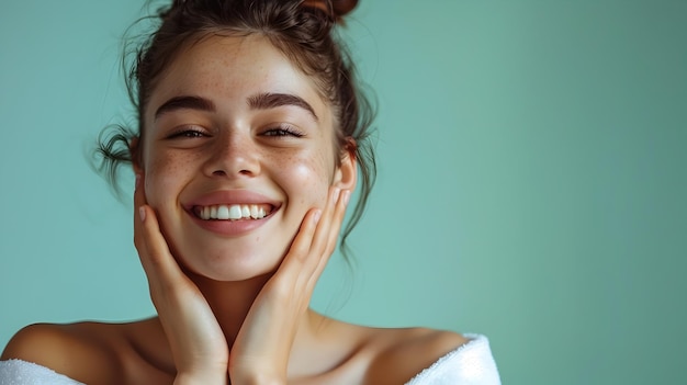 Photo happy young woman enjoying massage therapy on colorful background