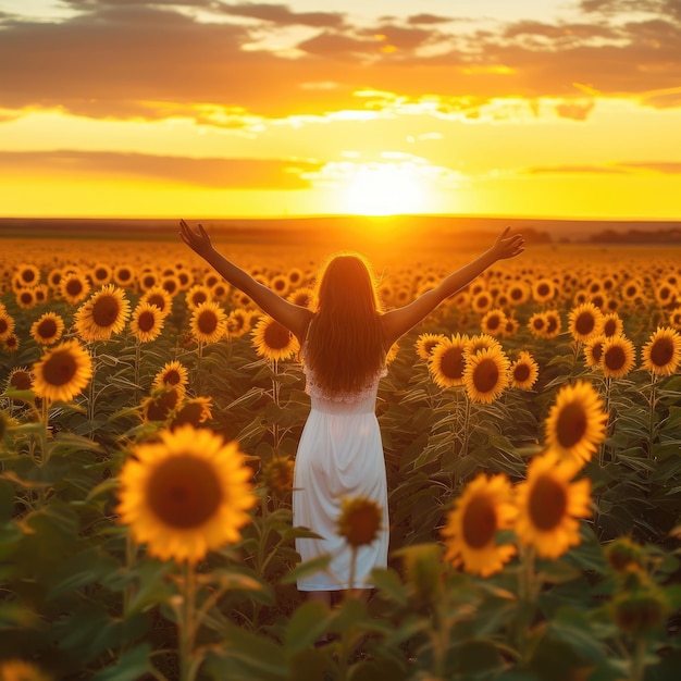 Happy young woman enjoying yellow sunflower field