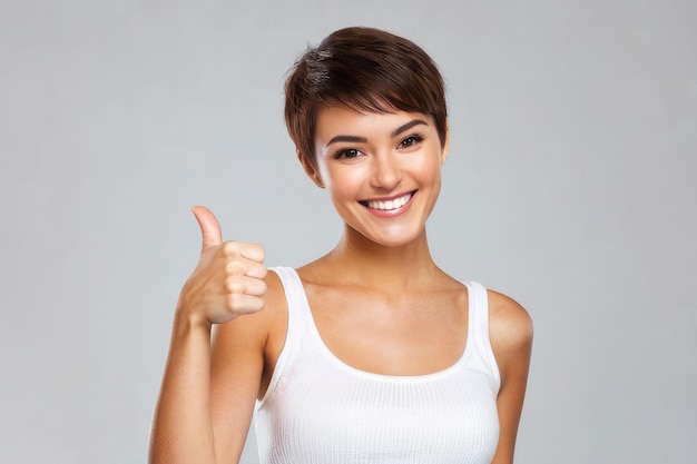 Happy young woman giving a thumb up on a gray background