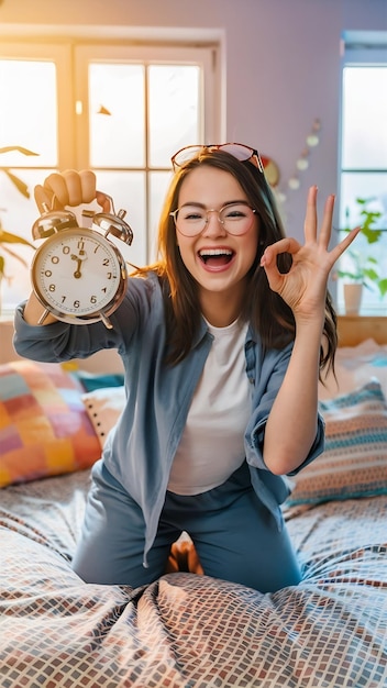 Photo happy young woman holding alarm clock showing ok gesture