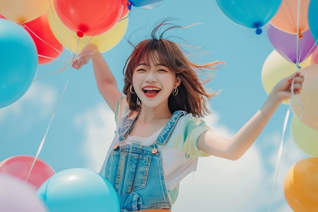 Happy Young Woman Holding Colorful Balloons in the Air