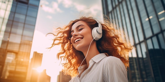 Happy young woman holding mobile phone enjoying music through wireless headphones behind tall building