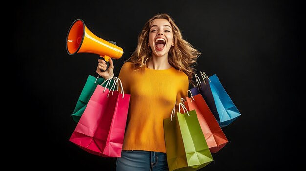 Happy young woman holding shopping bags and a megaphone isolated on a black background