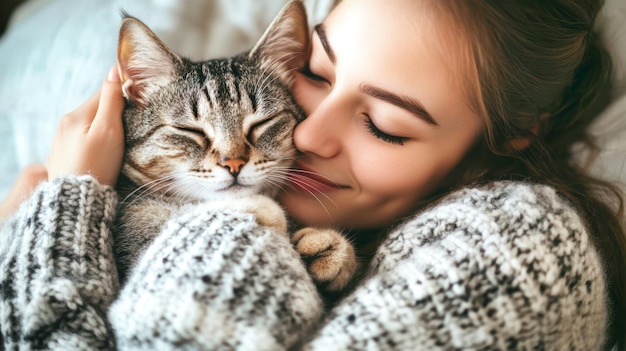 A happy young woman hugs and kisses her cute cat radiating warmth and affection in a cozy bedroom environment filled with love