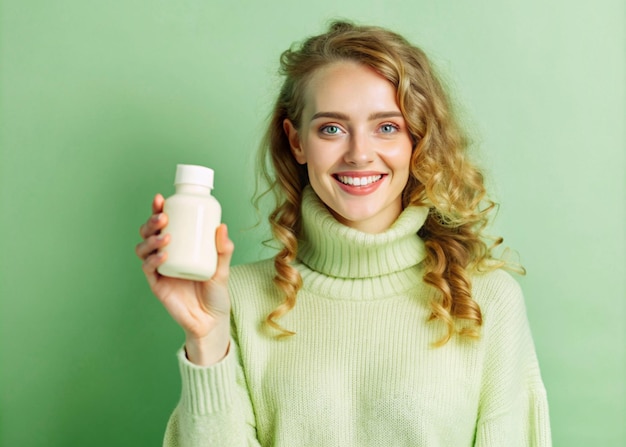 Photo a happy young woman is holding a white bottle of medicine in her hands