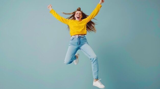 Photo happy young woman jumping in the air arms raised and smiling