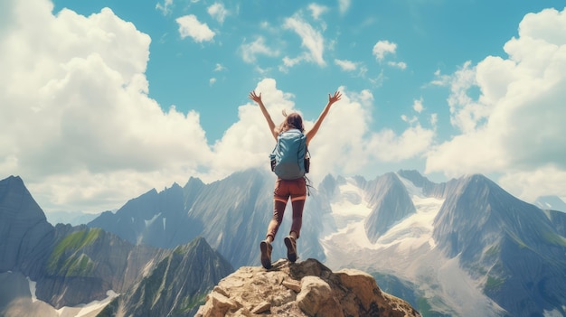 Happy young woman jumping on the top of the mountain Freedom and success concept